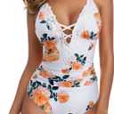 SUUKSESS Women Sexy Lace V Neck One Piece Swimsuit Tummy Control Bathing Suit (Small, 64 White Floral)