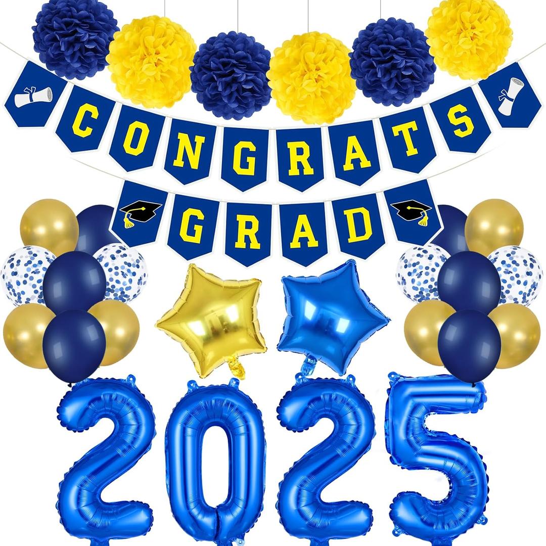 2025 Graduation Banner Party Decorations Blue and Yellow, Congrats Grad Banner and 2025 Graduation Balloons for Blue Yellow Congratulations Party Decorations 2025