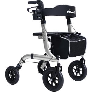 Rollator Walker for Seniors, Lightweight Foldable All Terrain Rolling Walker with seat, Aluminum Walkers with 10 inch Rubber Wheels, Handles and Backrest for Seniors and Adult (Silver)