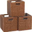 11X11X11in Brown Plastic Wicker Storage Basket, Foldable Cube Woven Storage Basket for Shelves, 11x11 Cube Storage Bins Set of 3, Wicker Storage Baskets for Laundry Nursery Room