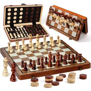 MerryPony 2 in 1 Magnetic Wooden Chess and Checkers Set, 15" Foldable Chess set for Adults & Kids, Chess Board with 2 Extra Queens, Travel Chess Set with Pieces Storage Slots, Ideal Chess for Beginner