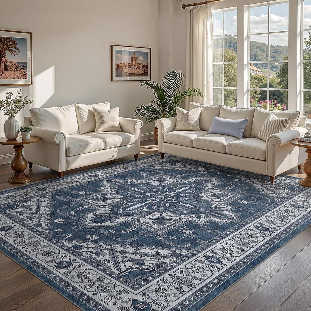 WITSHOCK Living Room Area Rugs 12x15: Washable Rug Boho Soft Non-Slip Low Pile Stain Resistant Foldable Carpet for Bedroom Playroom Dining Room Office Kitchen Farmhouse Home Decor Rug-Blue