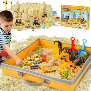 Sand Construction Kit with Big Foldable Sandbox and 2.2lbs Magic Sand, Truck Toys Including Castle Molds and Other Accessories - 36Pc Set for Kids 3+