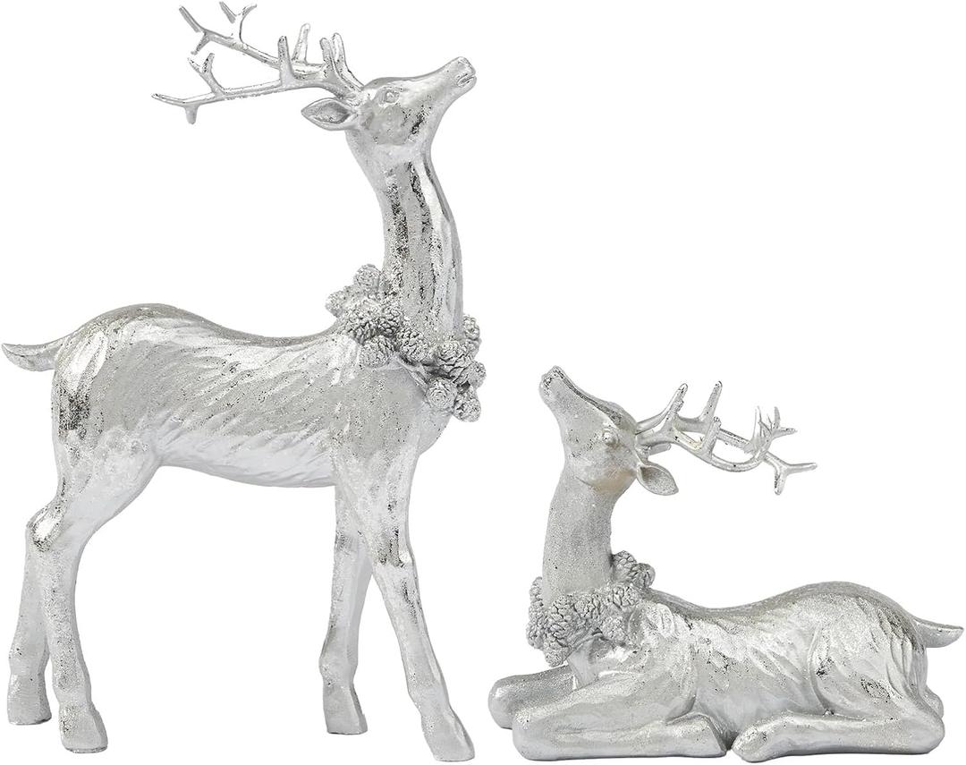 DN DECONATION Christmas Reindeer Figurines, Winter Deer Small Statues Decor, Silver Decorative Reindeer Sculptures, Resin Xmas Holiday Home Dcor Accents for Office Living Room & Bedroom 2PCS (Matte Sliver)