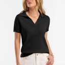 ANRABESS Women Short Sleeve Sweater Wool Blend Polo V Neck Shirts Summer Dressy Top Business Casual Spring Vacation Clothes (Black, M)