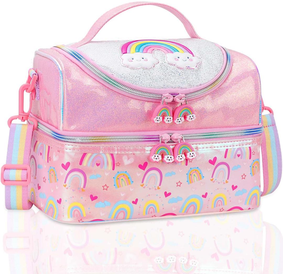 RHCPFOVR Kids Lunch Bag - Double Decker Cooler Insulated Lunch Box for Boys Girls Washable Lunch Bag and Reusable Toddler Lunchbox for School and Daycare (Flower Unicorn)