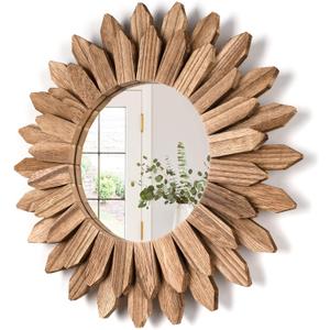 Honiway Wall Mirror Decorative 12 inch Rustic Wood Mirror Sunburst Boho Mirror for Entryway Bedroom Living Room Bathroom House Warming Gifts New Home Essential Carbonized Black (12"L x 12"W)