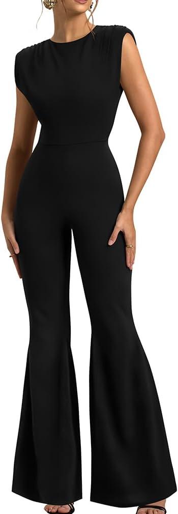 XXTAXN Womens Sexy Sleeveless Crew Neck Cocktail Curvy Dressy Wide Leg Jumpsuit (Black) XL