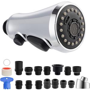 Hibbent Pull Down Kitchen Faucet Head Replacement, NSF/ANSI/CAN 61 & CUPC Certified 3-Function Sink Spray Nozzle with 15 Adapters Compatible with Moen, Delta, Kohler Faucets, Chrome