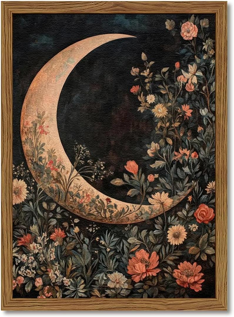 Moody Moon Floral Wall Art Dark Academia Goth Moon Wall Decor Painting Vintage Flower Celestial Artwork 3D Texture Sandstone for Bedroom Living Room 16x24 inch Wood Framed