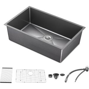 33 x 19 Inch Undermount Kitchen Sink, Black Stainless Steel Single Bowl