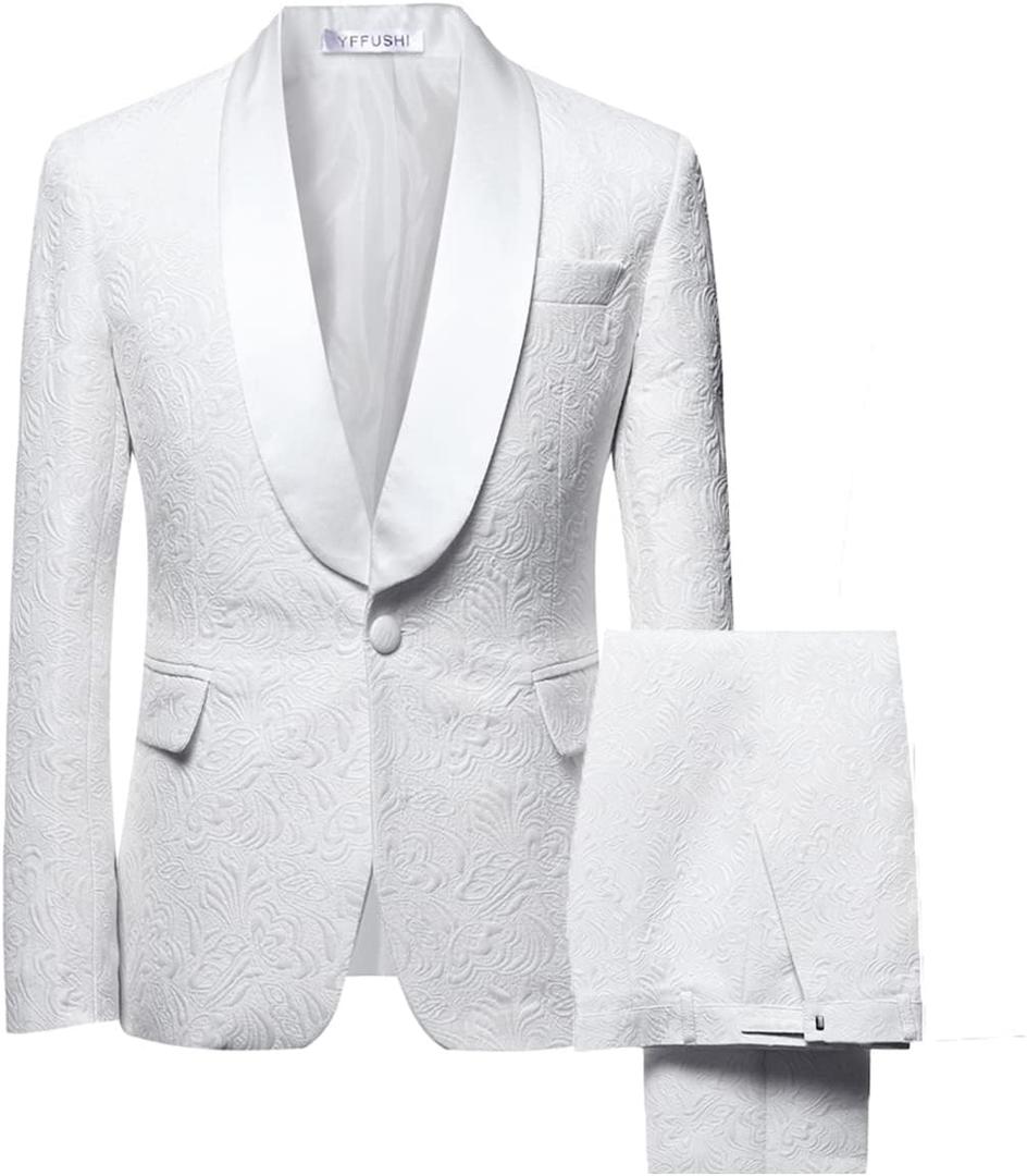 YFFUSHI Men's 2 Piece Jacquard Suits Tuxedo 1 Button Shawl Collar Party Dinner Wedding Suit (Pear White)