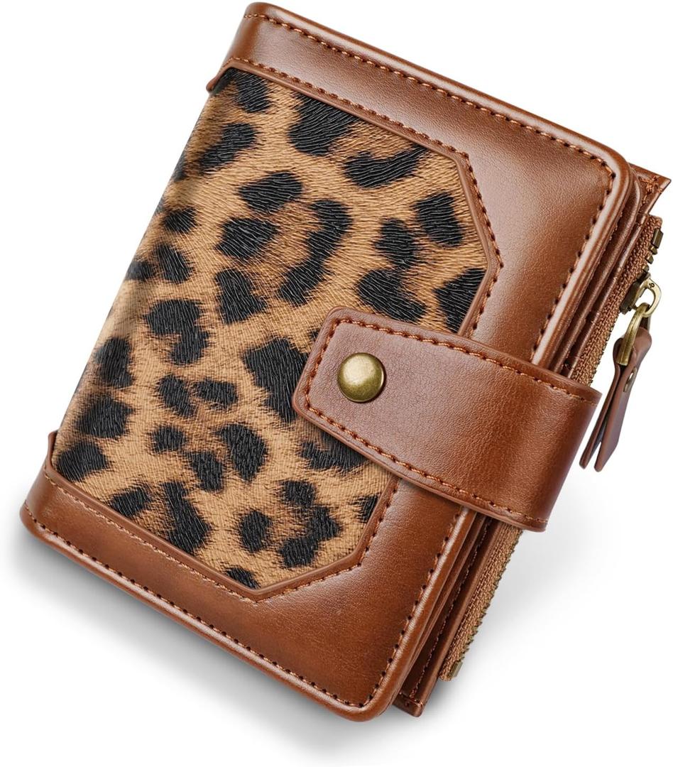 Women Leather Wallet RFID Blocking Small Bifold Zipper Pocket Wallet Card Case Purse with ID Window, Leopard