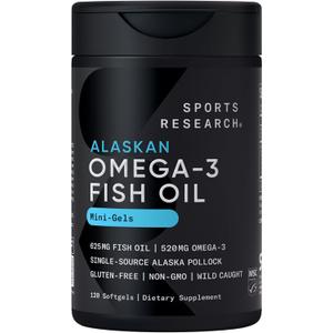 Sports Research Omega-3 Fish Oil Mini-Softgels - Sourced from Wild Caught Alaska Pollock - Burpless, Bovine Free, Non-GMO, & MSC Certified Sustainable - 120 Count