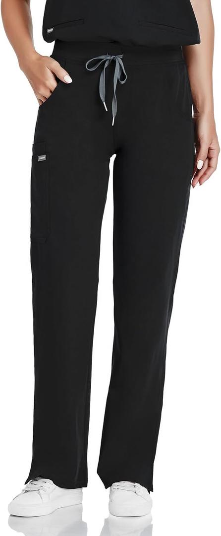 COMENII Scrubs for Women, Mid Rise Straight Leg Cargo Pants with Knit Yoga Waistband, Anti-Wrinkle Womens Scrubs Pants, Regular (Small, Black)