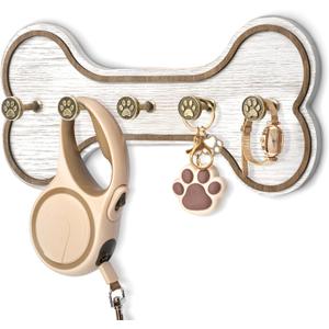 MTERSN Rustic Farmhouse Dog Leash Holder for Wall - Decorative Key Hooks Wall Mount with Bone Shape and Coat Hanger for Entryway - Pets Accessories Storage for Dog Lover Gifts (Distressed White)