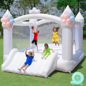 FBSPORT Inflatable White Bounce House for Kids,Large Inflatable Bouncy Castle with Wide Slide, Blower & Basketball Hoop for Indoor/Outdoor Jump House