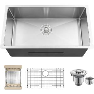 32 Inch Undermount Kitchen Sink, 32x19x8" Single Bowl Stainless Steel Handmade 16 Gauge Under Counter Kitchen Sink Basin