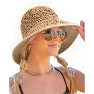 FURTALK Summer Straw Beach Sun Hats for Women UPF 50 Floppy Wide Brim Travel Bucket Hat Foldable Packable (Khaki)