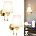 Battery Operated Wall Sconces Set of 2, Gold 10000mAh Rechargeable Dimmable LED Bulb, 15 Colors & Remote, with Fabric for Bedroom Living Room Hallway Staircase Decor