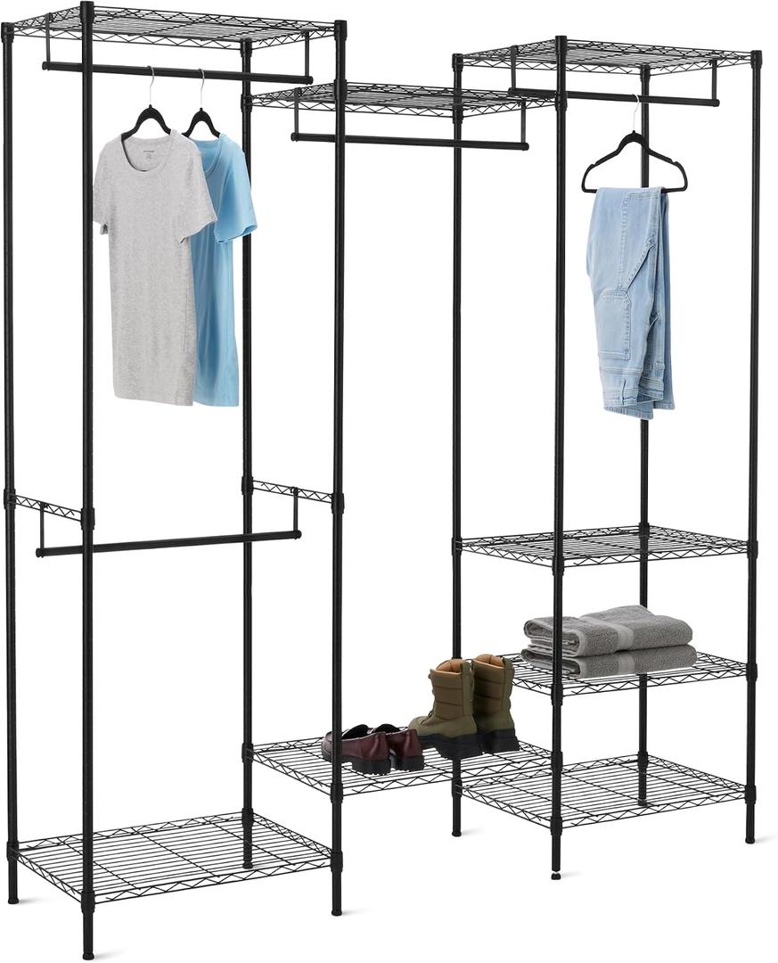 Amazon Basics Closet Organizer, Metal Rack with Shelves and Hanging Rod, 70" W x 18" D x 76" H, Black