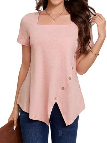 BKHOLL Women's Square Neck Short Sleeve Blouse Loose Fit Stretchy Casual Top Soft Breathable Vacation Shirt for Summer Pink L 2 ct