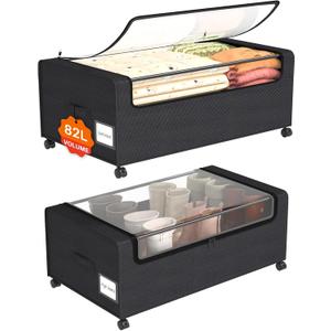 Webetop Under Bed Storage Containers with Wheels,12 inch Under the Bed Storage Bins with Clear Lid for Underneath Small Spaces Dorms, Blankets (2 Pack, 30.7"x17.3"x12") (Black)