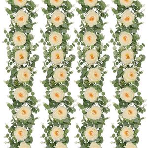 Dolicer 4Pcs 26Ft Artificial Eucalyptus Garlands with Flowers, Faux Floral Greenery Garlands Fake Flowers Vines for Wedding Centerpieces Arch Party Ceremony Backdrop Decor, Champagne