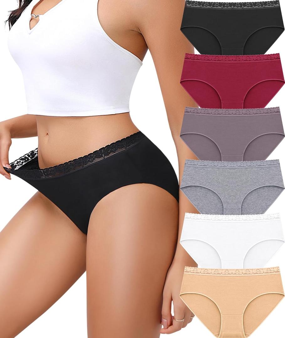 Cotton Underwear for Women 6 Pack Full Coverage Briefs Sexy Panties Lace Waistband Ladies Bikini Hipster (Small)