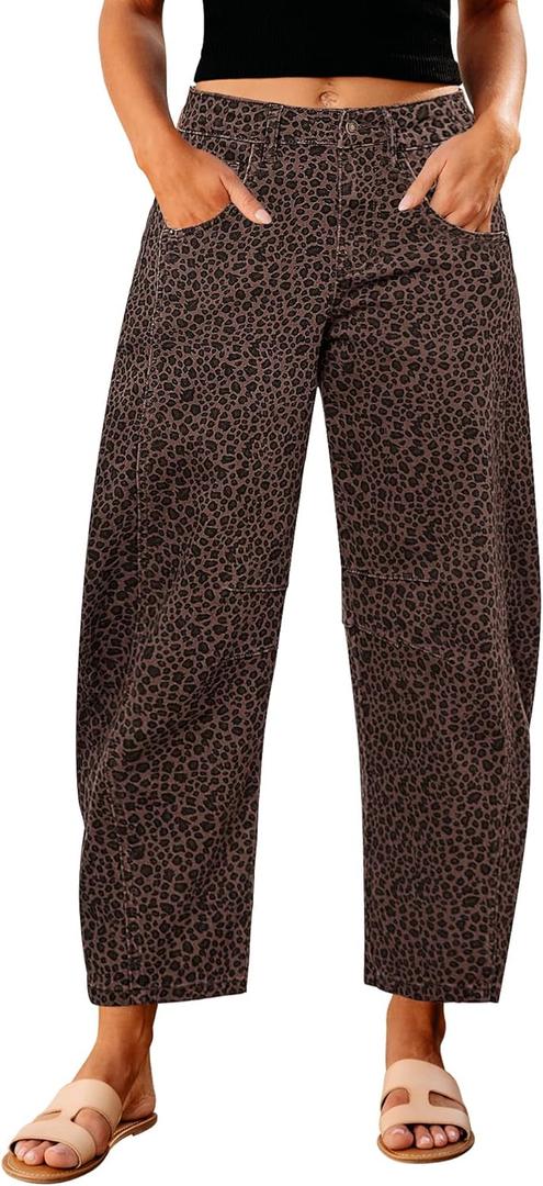 GRAPENT Barrel Jeans for Women Trendy High Waisted Wide Leg Baggy Cropped Relax Fit Stretch Denim Trouser Ankle Pants (Large, Leopard)