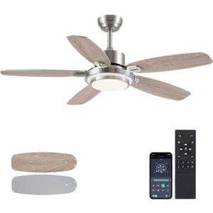 50inch Brushed Nickel Ceiling Fan with Light - Quiet Reversible DC Motor 5 Dual-Finish Blades Dimmable 3-Color LED for Bedroom Living Room Indoor
