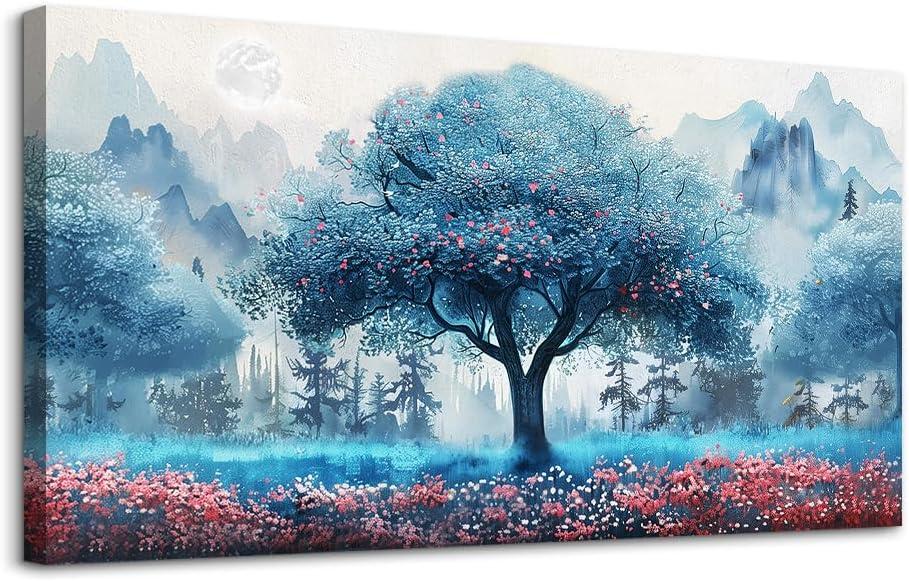 MHARTK66 Canvas Wall Art For Living Room & Bedroom Decor - Blue Tree Landscape - 40"X20" Ready To Hang