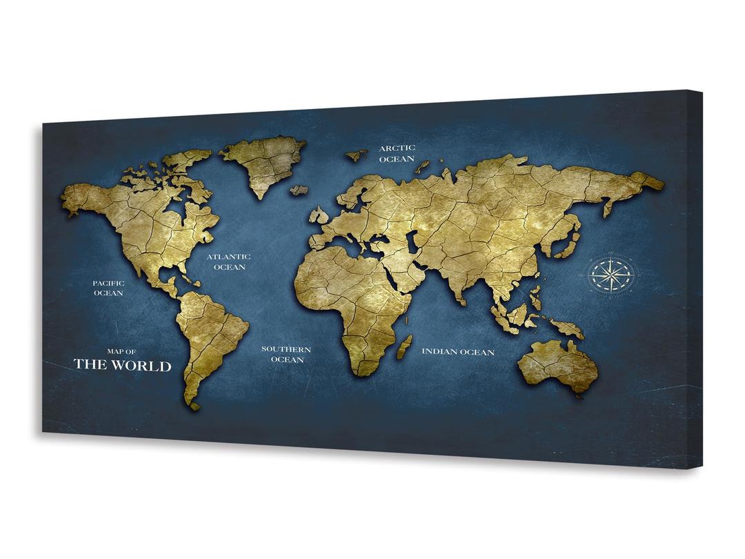 KUNHAAH World Map Wall Art Canvas Print, Vintage Gold Cracked Texture Map of the World Poster, Abstract Navy Blue Ocean Geography Art for Living Room Office Decor, Large Horizontal Map Framed 24"x48"