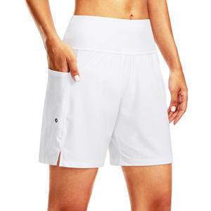 G Gradual Women's 7" Long Swim Board Shorts High Waisted Quick Dry Beach Swimming Shorts for Women with Liner Pockets (Medium, White)