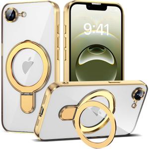 Compatible with iPhone 16E Case with Invisible Magnetic Ring Stand [Compatible with Mag-Safe] [Full Camera Lens Protector] Plating Clear Phone Case for iPhone 16E 6.1", Gold