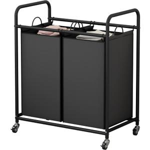 Laundry Sorter Basket 2 Bag Laundry Hamper Cart with Rolling Lockable Wheels and Removable Bags Laundry Organizer Cart for Clothes Storage, Black