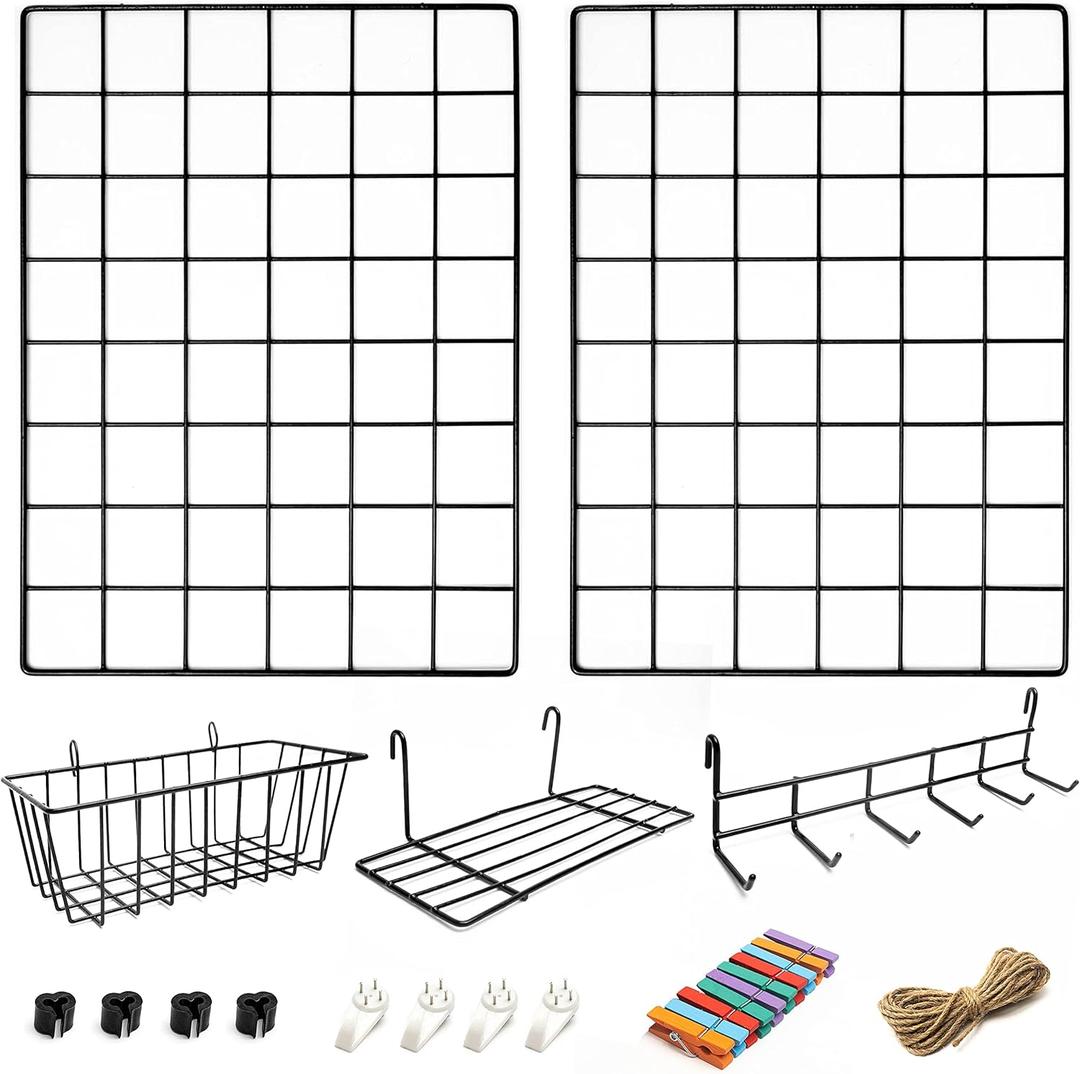 2 Pack Wire Wall Grid Panel With Accessories | Includes Hanging Basket, Shelf & Hook Rack | Photo Grid Wall Panels | Hanging Home, Office & Kitchen Dcor | Metal & Black