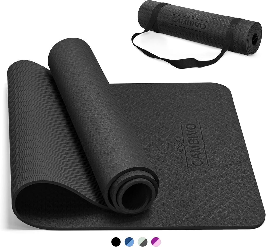 CAMBIVO Yoga Mat for Women Men Kids, 1/3 & 1/4 & 2/5 Inch Extra Thick Yoga Mat Non Slip, 72" x 24" TPE Yoga Mats, Workout Mat with Carrying Strap for Yoga, Pilates and Floor Exercises (72*24*0.24 inch, Black)