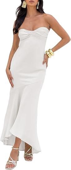 Summer Satin Tube Top Strapless Midi Dress for Women 2025 Formal Ruched Backless Wedding Guest Long Dresses White, Small