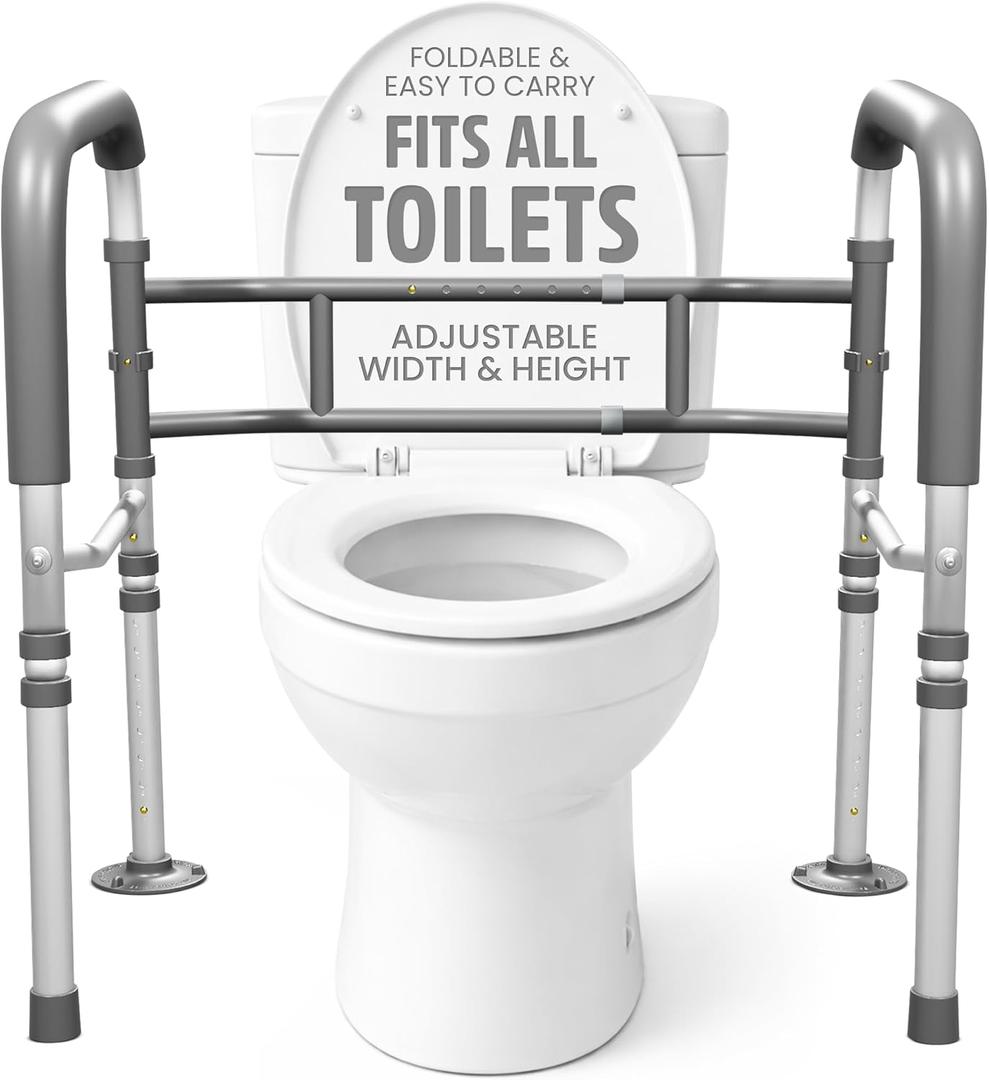 Toilet Safety Rails for Seniors 350lb, Adjustable Height & Width Toilet Bars for Elderly | Foldable Non-Slip Handicapped Toilet Safety Frame, Reinforced 2 C-Clamp Stability  Fits Most Toilets