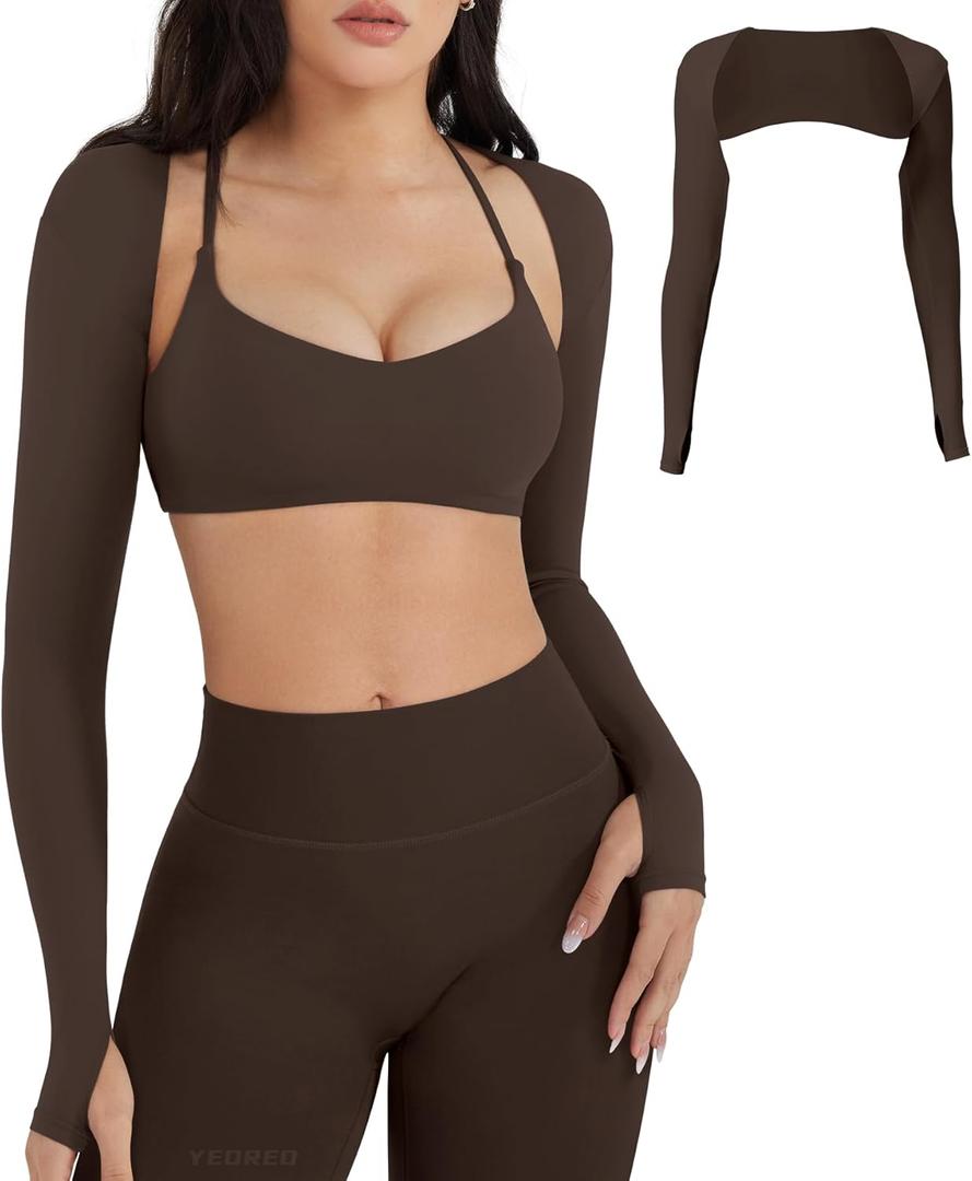YEOREO Women Crop Top Long Sleeve Bolero Open Front Workout Cropped Shirts Sports Shrug, Coffee, Medium