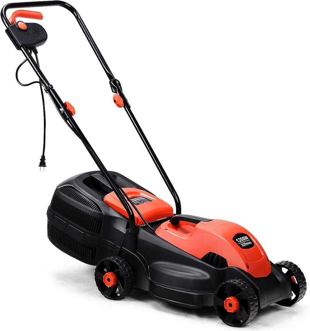 Happygrill Lawn Mower 13-Inch Electric Lawn Mower, Handle Push Corded Lawn Mowers with Grass Bag, Folding Handle, Adjustable Cutting Height for Garden Yard, 12 Amp,Red