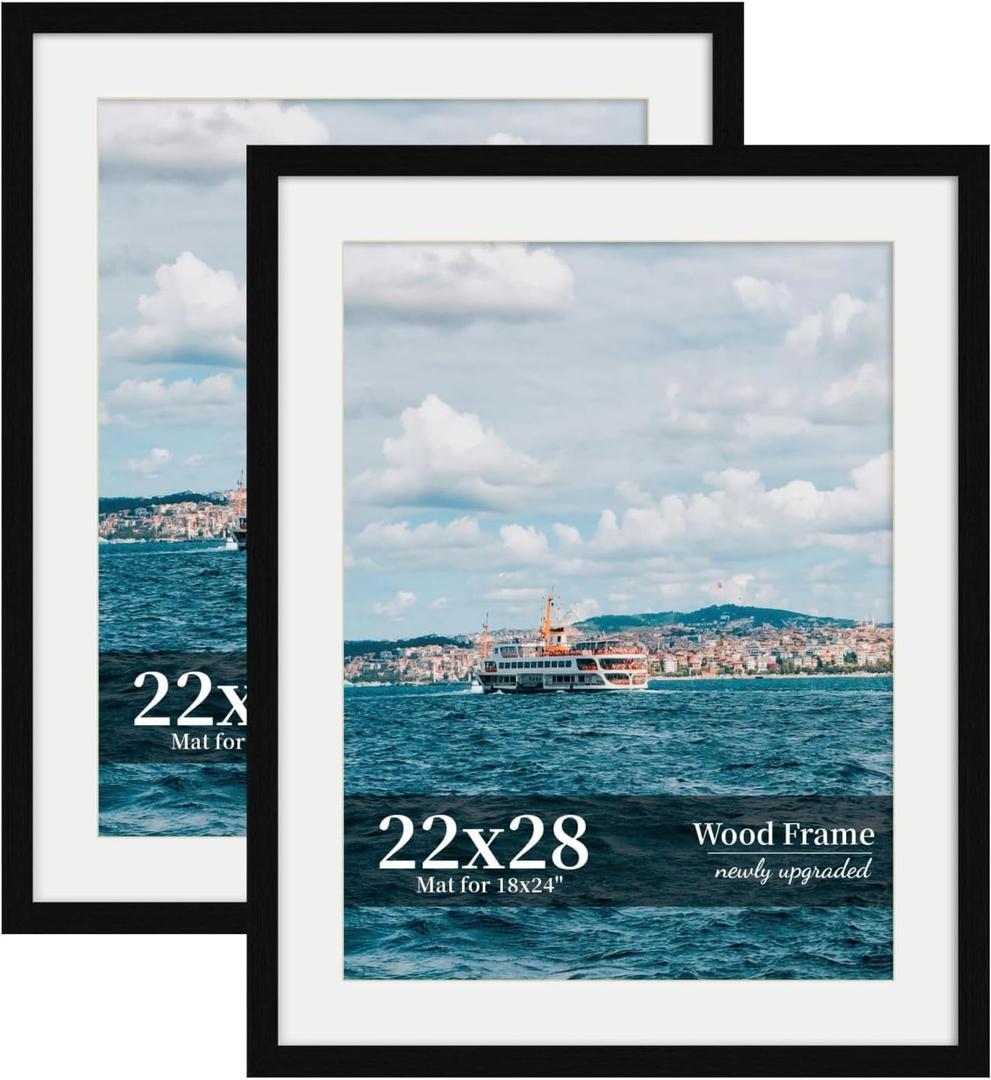 22x28 Picture Frame Set of 2, Wood Frame with Real Glass, Wide Border, 22X28 in