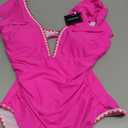 Women's One Piece Ruffle Swimsuit Tummy Control Bathing Suit V Neck Shell Stitched Swim Suit Slimming Swimwear, Small, Hot Pink