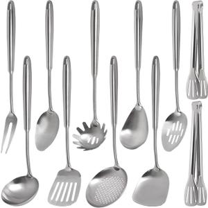 11PCS Cooking Utensils Set - 304 Stainless Steel Kitchen Utensils Set, Metal Cooking Tools & Serving Utensils, Fork, Tongs, Turner, Pasta, Serving Spoon, Skimmer, Ladle, Spatula Spoon, Dishwasher Safe (Silver-11 Pieces)