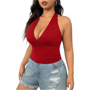 SOLY HUX Women's Plus Size Sexy Halter Deep V Neck Tank Top Backless Sleeveless Slim Fitted Going Out Crop Tops (XX-Large Plus)