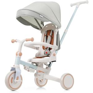 7 in 1 Baby Tricycle for 0 to 12 Months, Foldable Toddler Tricycle with Adjustable Parent Handle, Removable Pedals, Canopy, and Guardrail, Perfect for Outdoor Adventures (Blue)