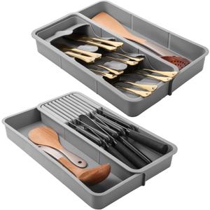Geiserailie 2 Pcs Knife & Silverware Drawer Organizer Holds 9 Knives with Flatware Tray Drawer Store Compact Utensil Organizer For Kitchen Silverware