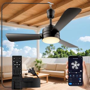 PBLALA Ceiling Fans with Lights,28" LED Fan Light Hanging with Hook, Plug-in Ceiling Fan Light, Hook Type Ceiling Fan,35W,3000-6500k, Remote Control, Portable Fan for Camping Bed, Patios, (Black)