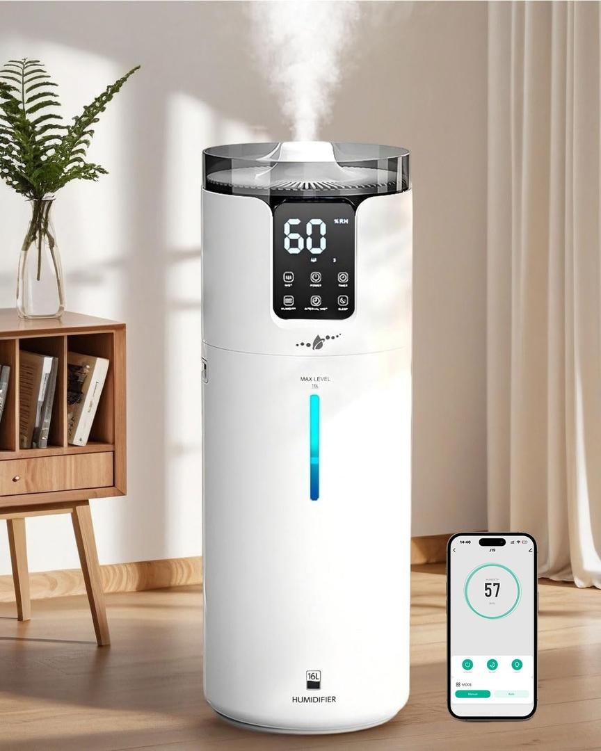 Lacidoll 16L Smart Humidifier large room, Whole house Humidifier for Home 1500 sq.ft with APP/Voice/Remote Control, Ultrasonic Cool Mist Humidifiers for Bedroom, Plants, office with Tube, White